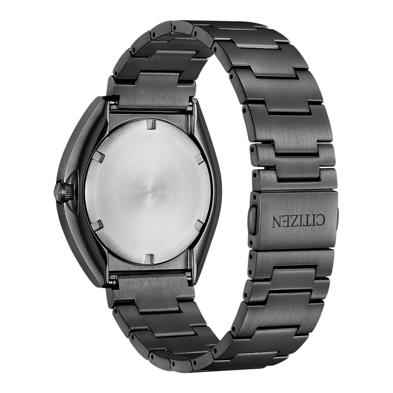 Rückseite einer schwarzen Citizen-Uhr mit Metallarmband und dem Markennamen.