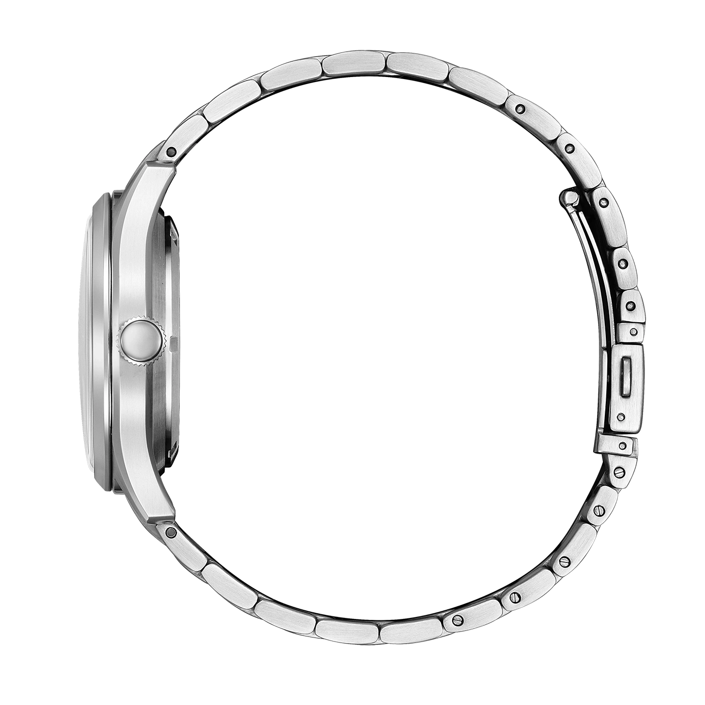 Seitenansicht einer silbernen Uhr mit Metallarmband.