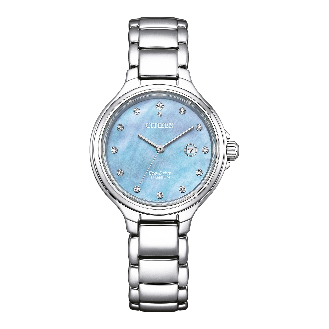 Citizen-Uhr mit blauem Zifferblatt, Diamanten und Titanarmband. Eco-Drive.