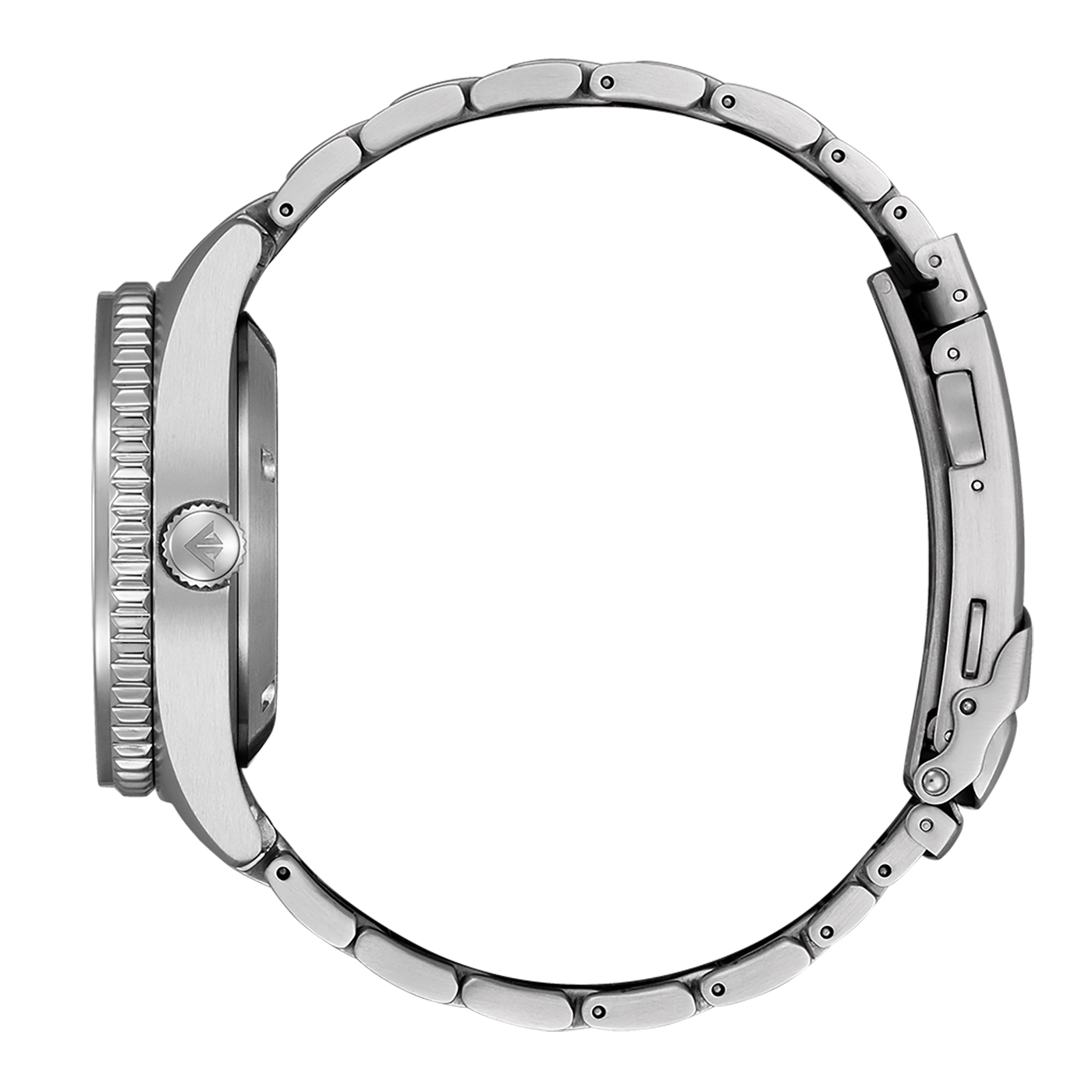 Silberne Uhr mit Metallarmband, Seitenansicht, Nahaufnahme, elegantes Design