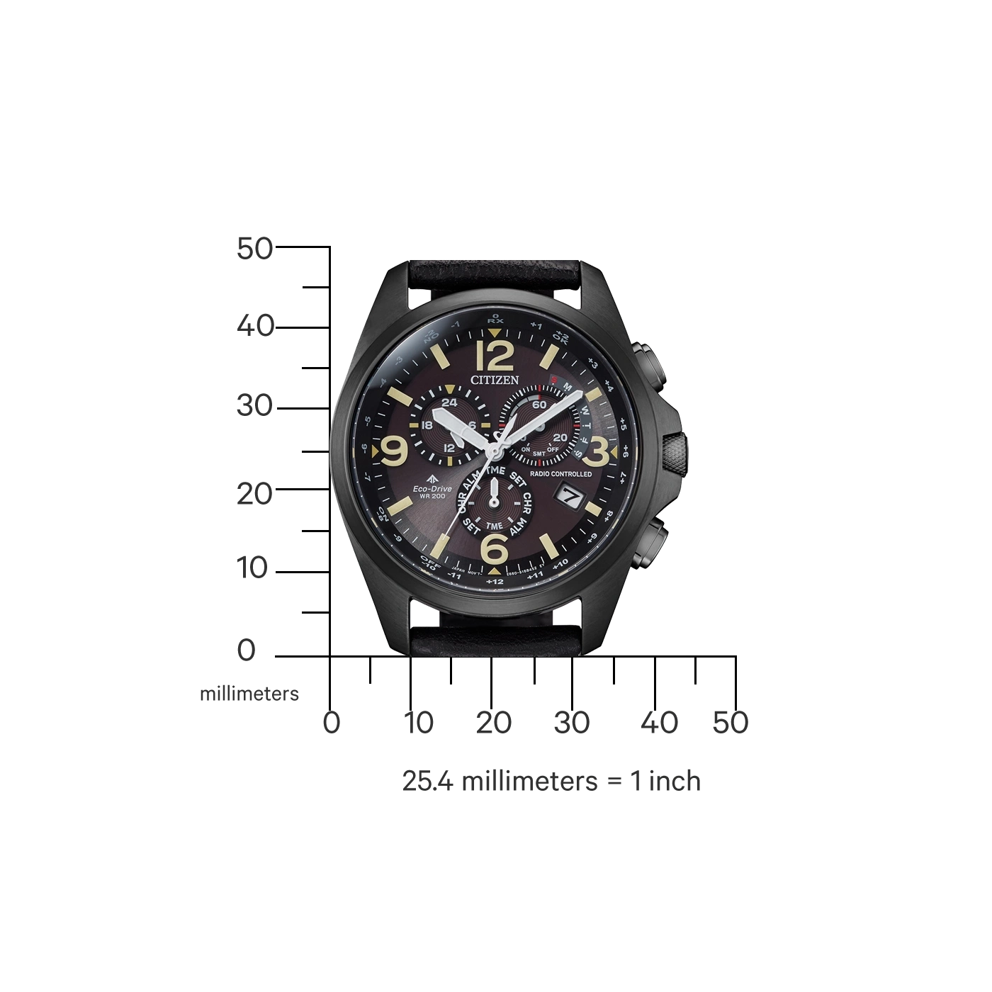 Schwarze Citizen-Uhr mit Lederarmband, zeigt Zeit und andere Funktionen.