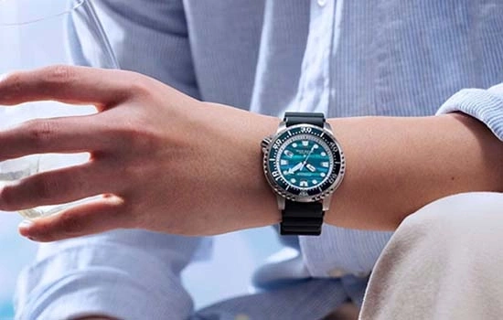 Eine Person trägt ein blau gestreiftes Hemd und eine Uhr