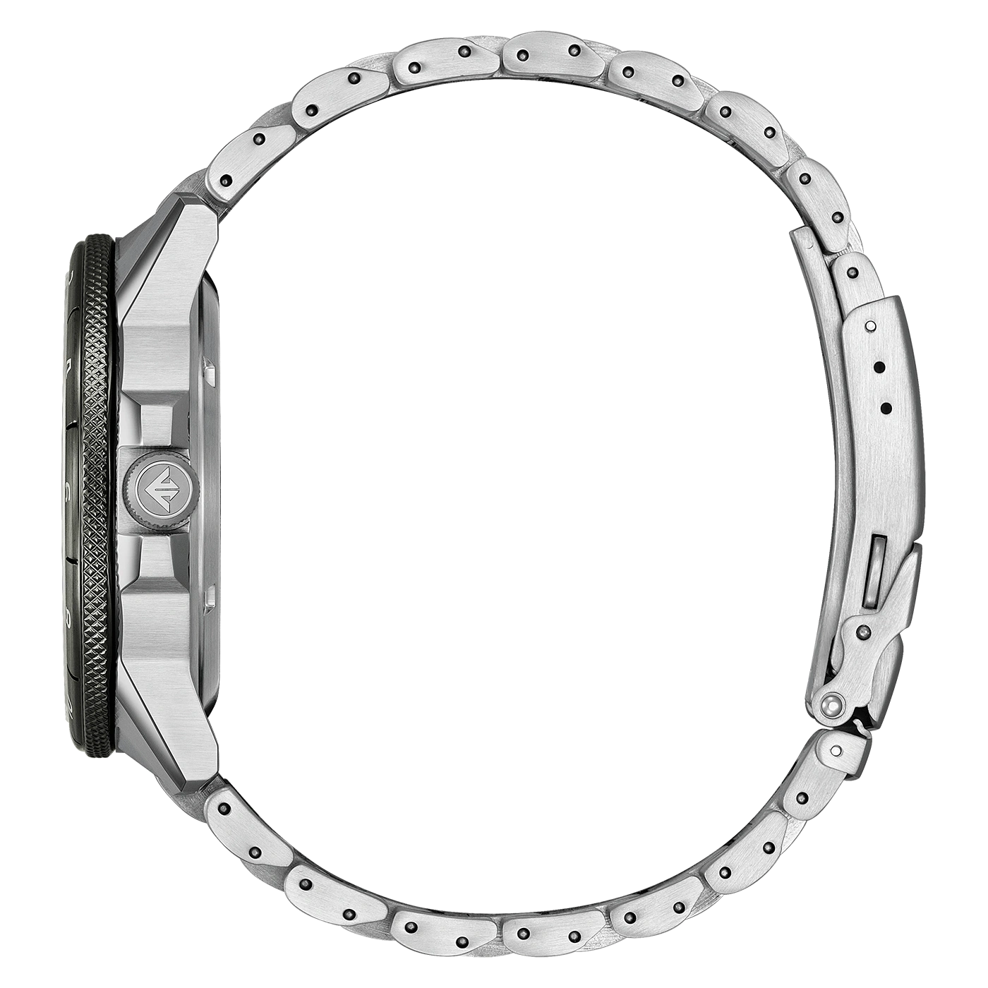 Seitenansicht einer silbernen Uhr mit Metallband und schwarzer Lünette.