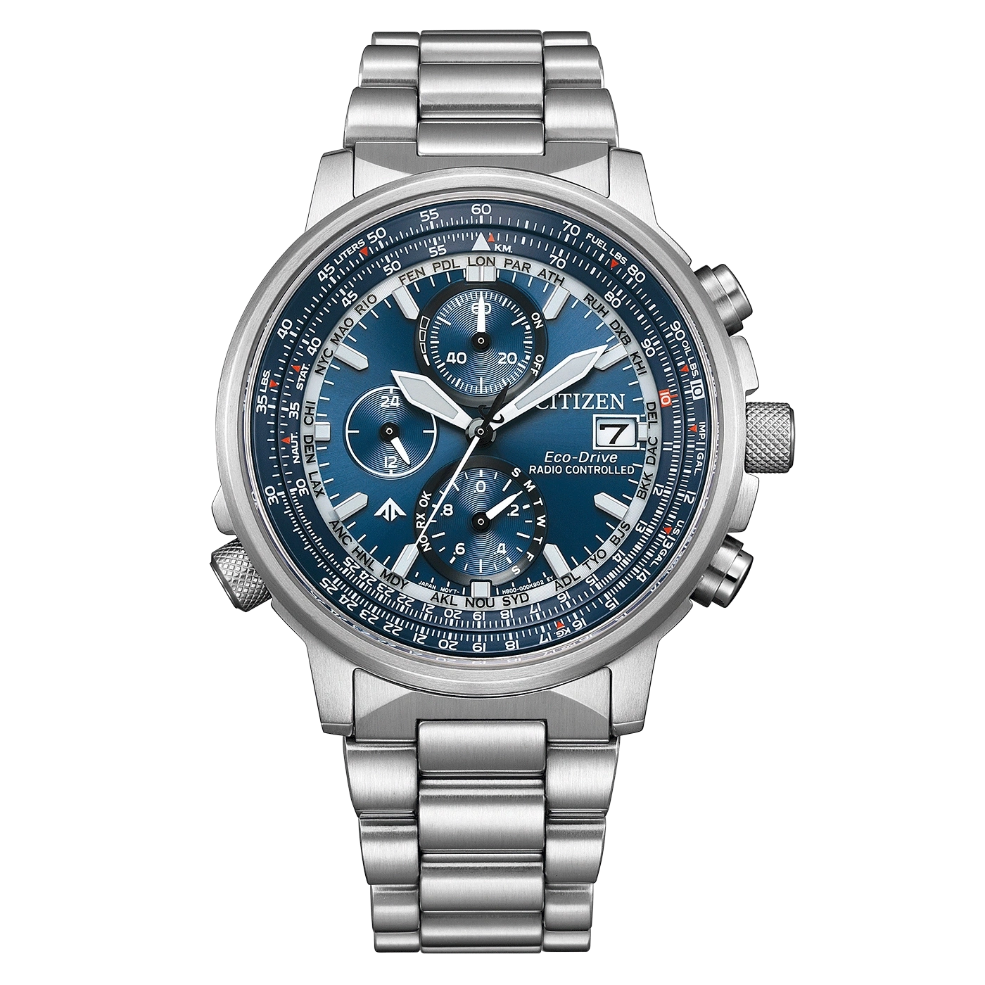 Citizen-Uhr mit blauem Zifferblatt, silbernem Armband und mehreren Zifferblättern für Zeitmessung und Funktionen.
