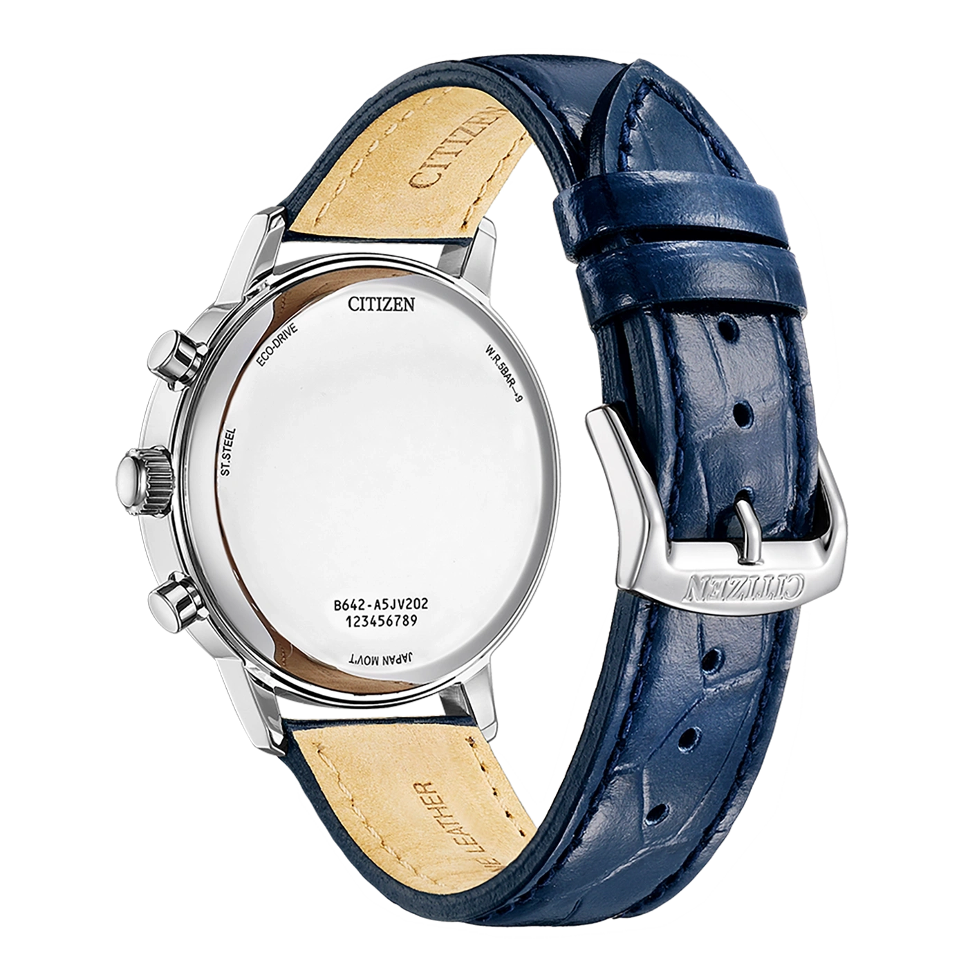 Citizen-Uhrrückseite, blaues Lederarmband, Edelstahl, Eco-Drive, Japan Movt.
