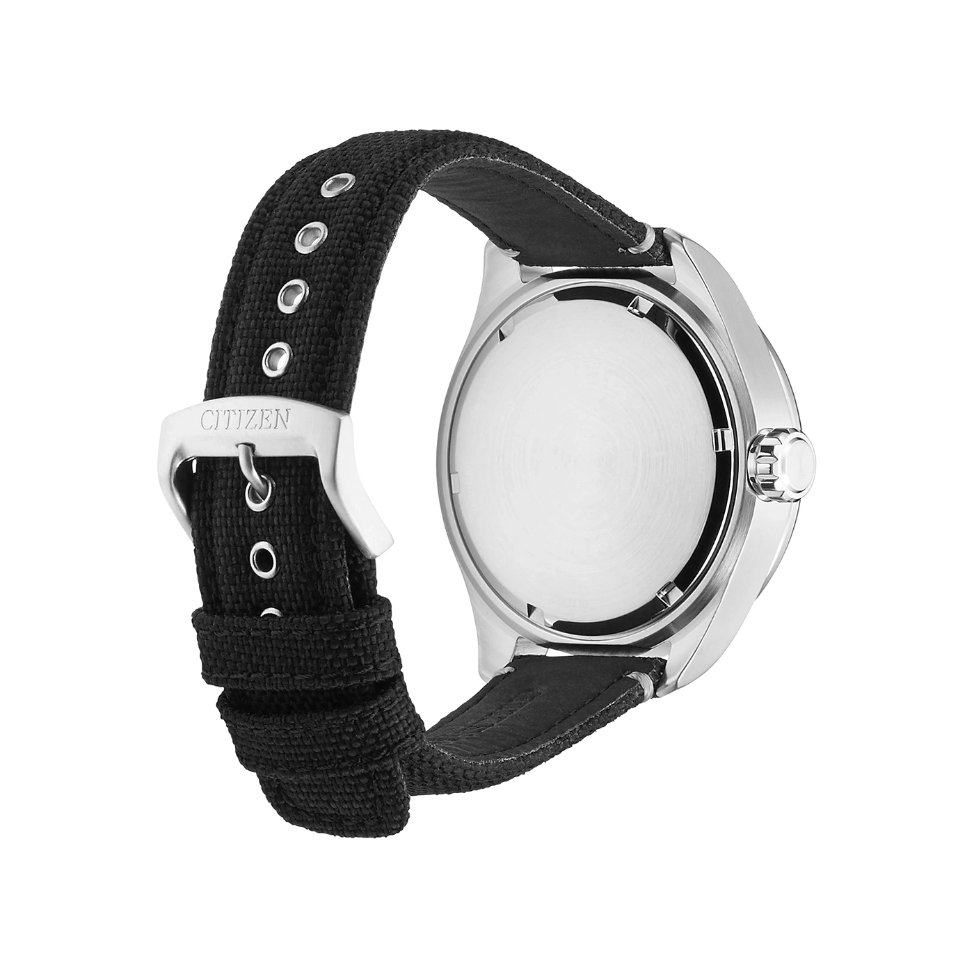 Citizen-Uhr, Rückansicht mit schwarzem Armband und Schnallen-Detail