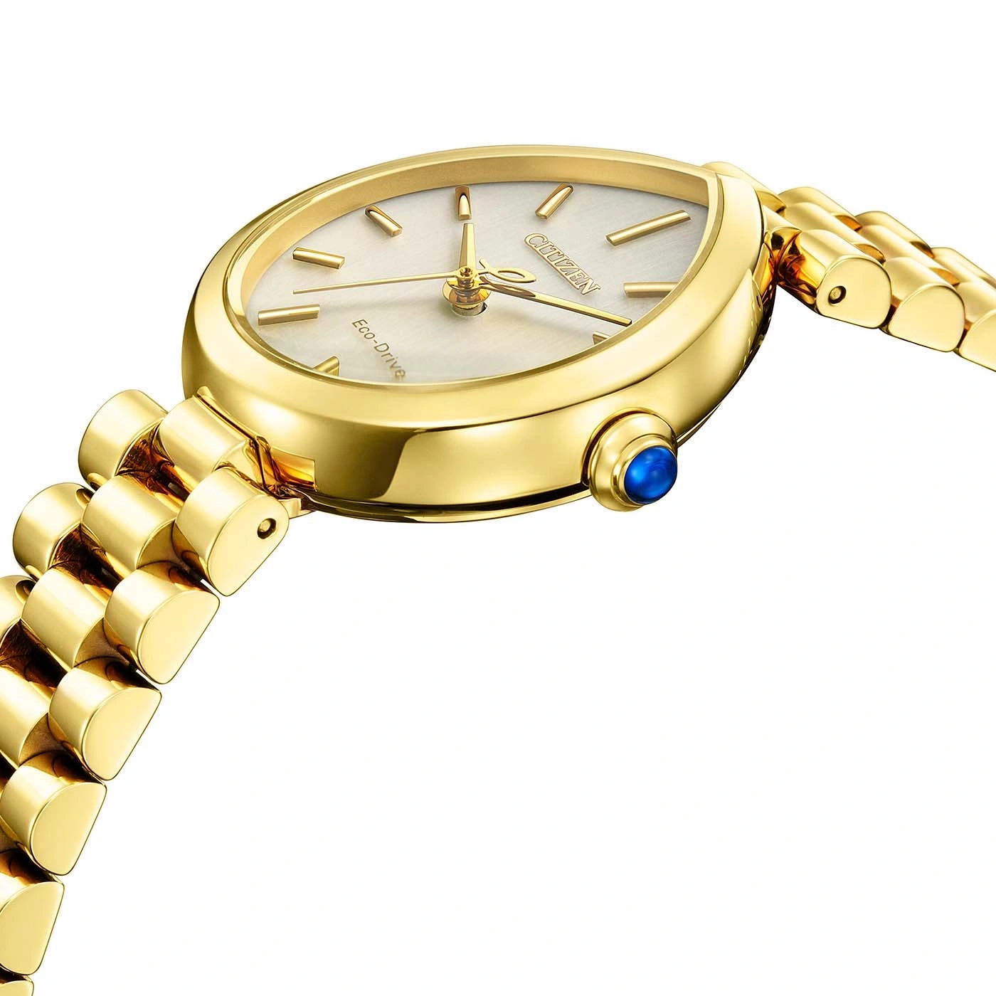 Eine Nahaufnahme einer goldenen Citizen Eco-Drive Uhr mit einem blauen Stein an der Seite.