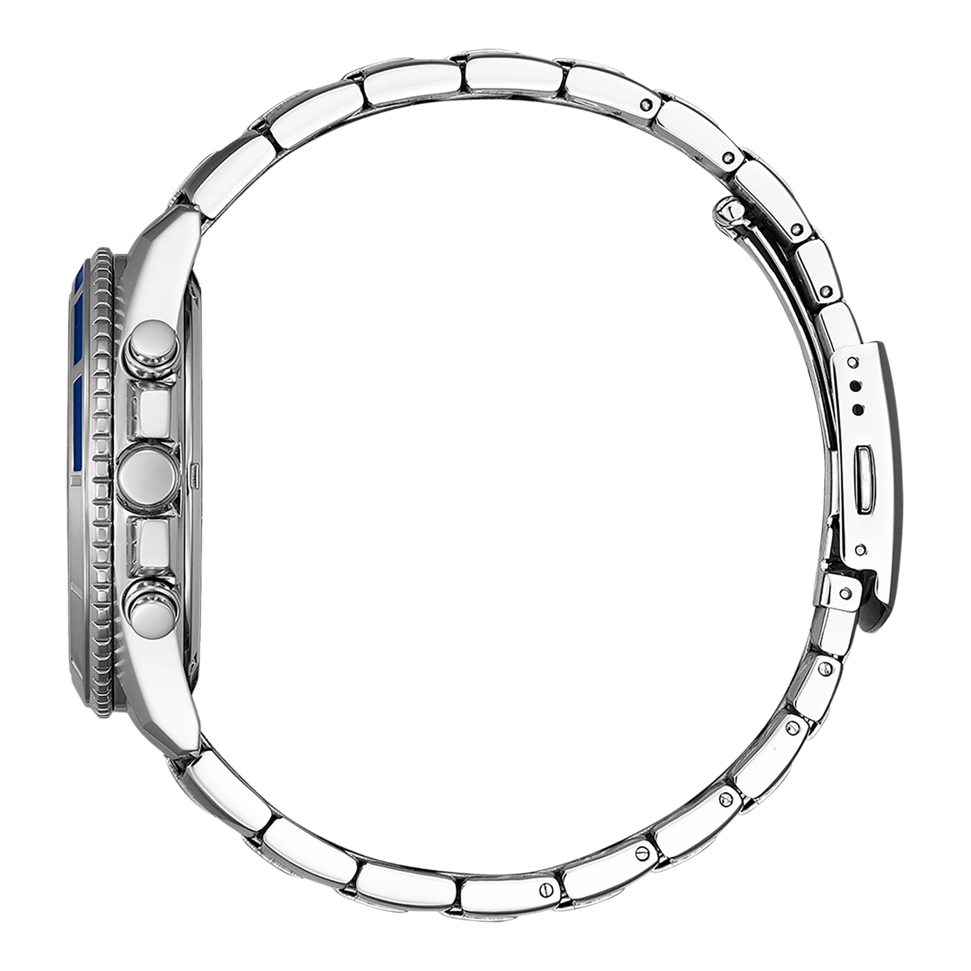 Seitenansicht einer silbernen Armbanduhr mit blauer Lünette und Metallband.
