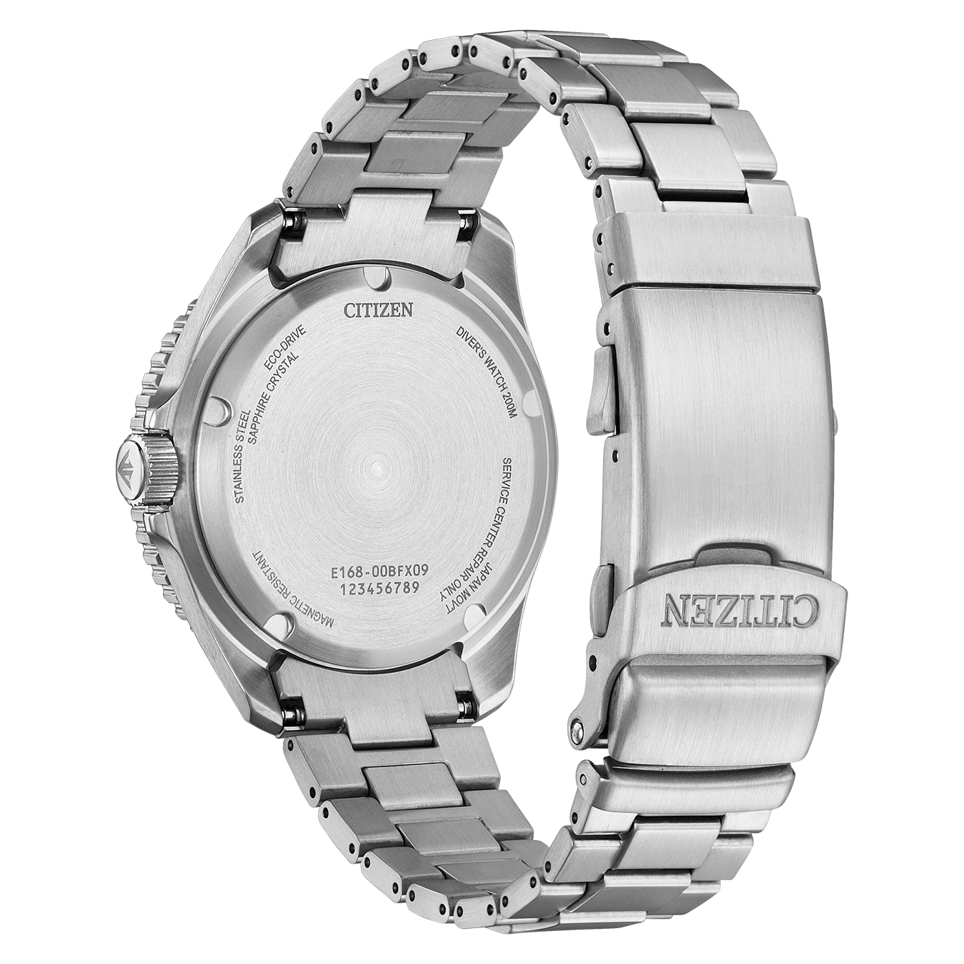 Rückseite einer Citizen Eco-Drive-Uhr mit Metallarmband