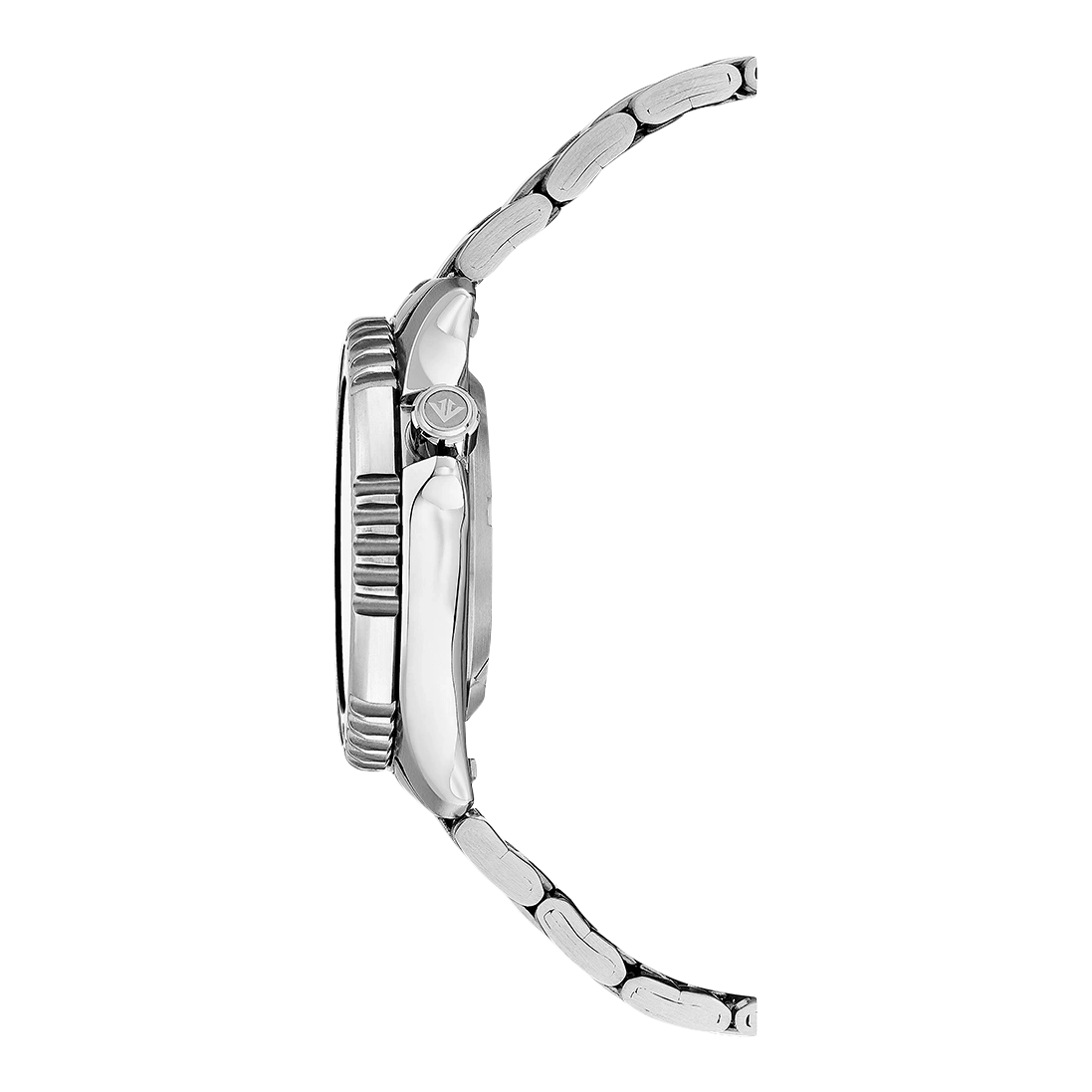 Seitenansicht einer silbernen Armbanduhr mit Metallband und schwarzem Zifferblatt.