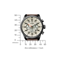 Citizen-Uhr mit schwarzem Gehäuse und braunem Lederarmband, Messskala.