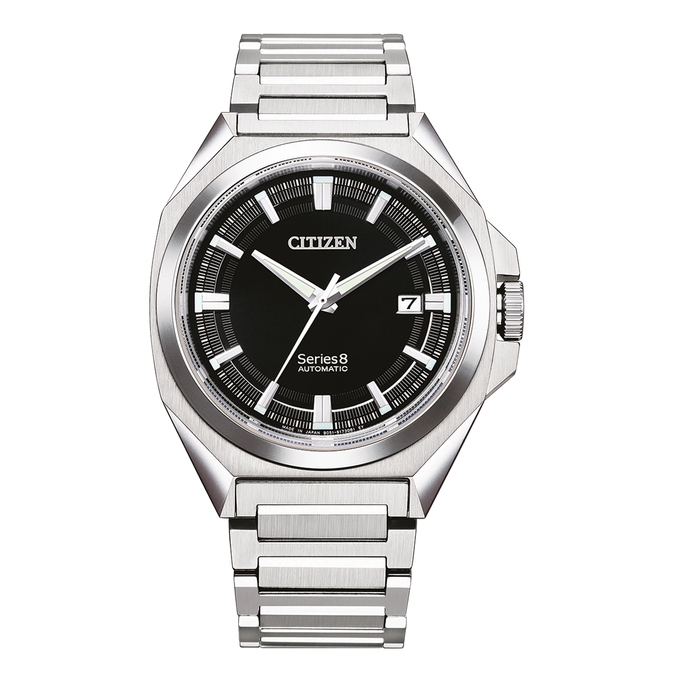 Citizen Series 8 Automatikuhr mit schwarzem Zifferblatt und Stahlarmband.