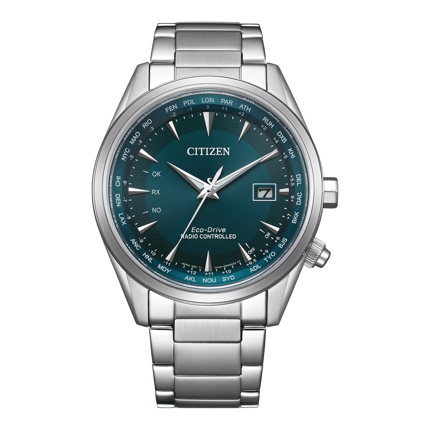 Citizen-Uhr mit grünem Zifferblatt, silbernem Armband und Weltzeitfunktion.