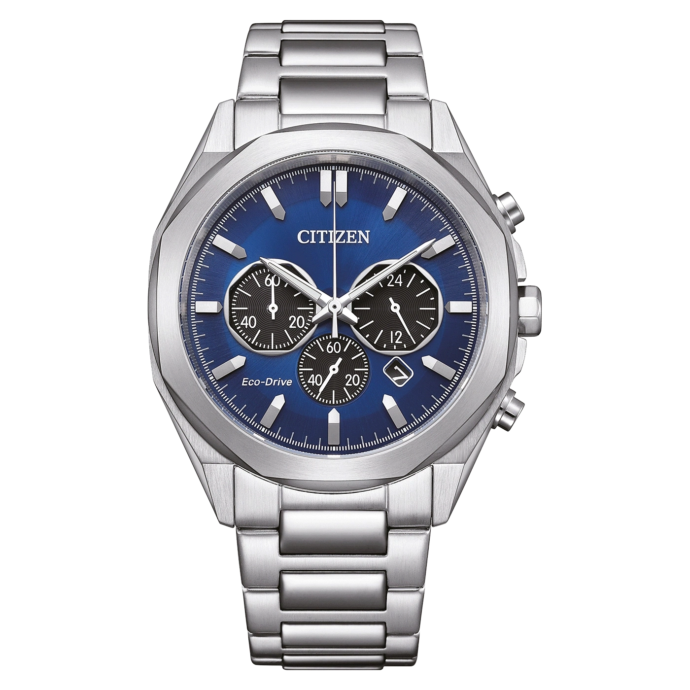 Citizen-Uhr mit blauem Zifferblatt und silbernem Armband, Eco-Drive-Technologie.
