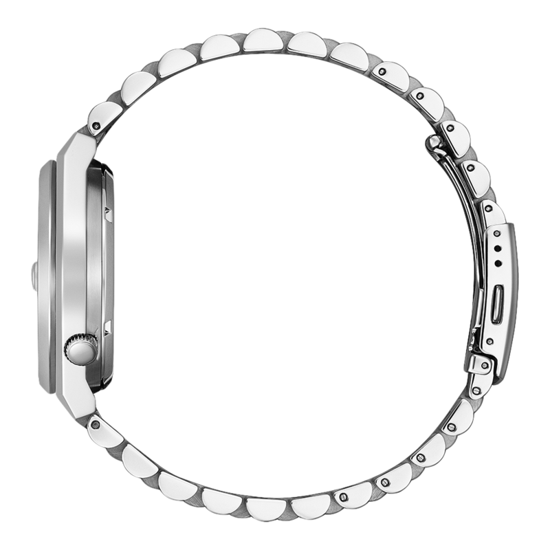 Seitenansicht einer silbernen Armbanduhr mit Metallband, elegantes Design.