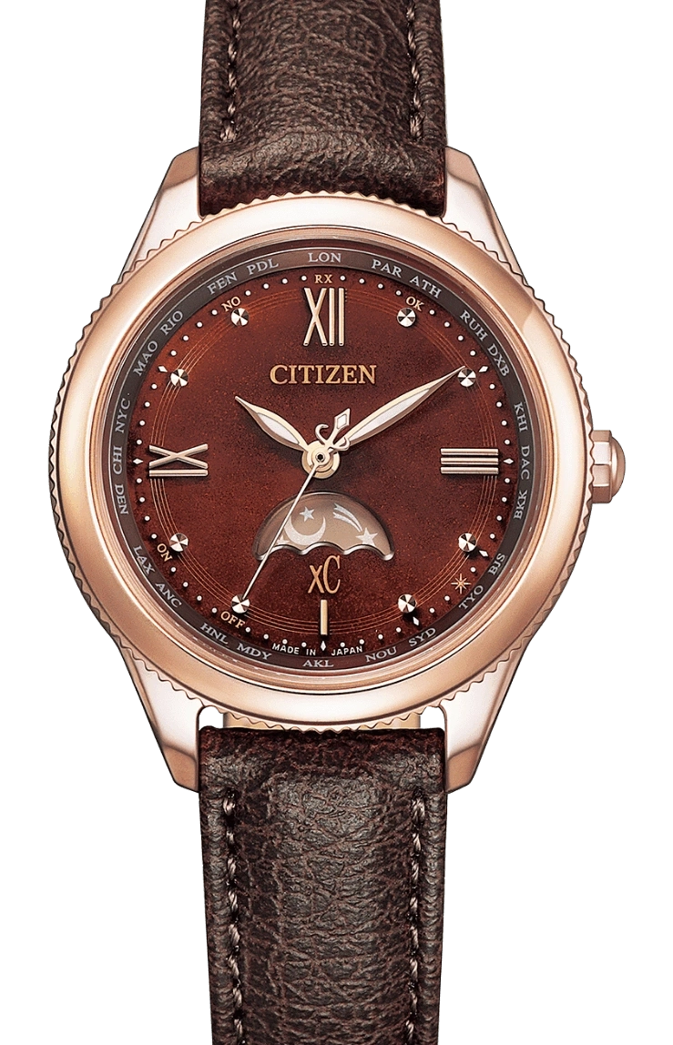 Citizen-Uhr mit braunem Lederarmband und Weltzeitfunktion, elegantes Design.