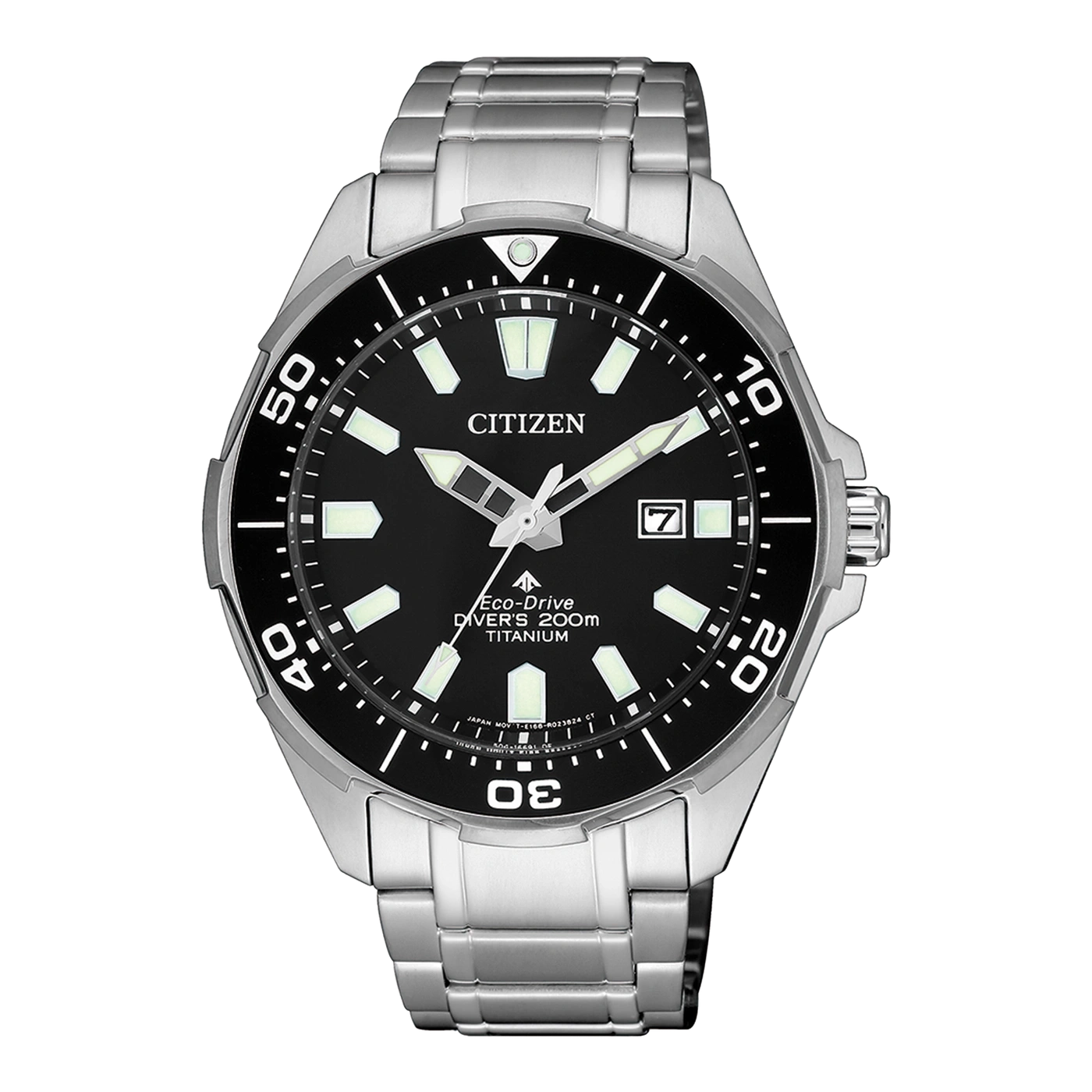 Citizen-Uhr mit schwarzem Zifferblatt, Titan, Eco-Drive, Taucher 200m und Datumsanzeige.