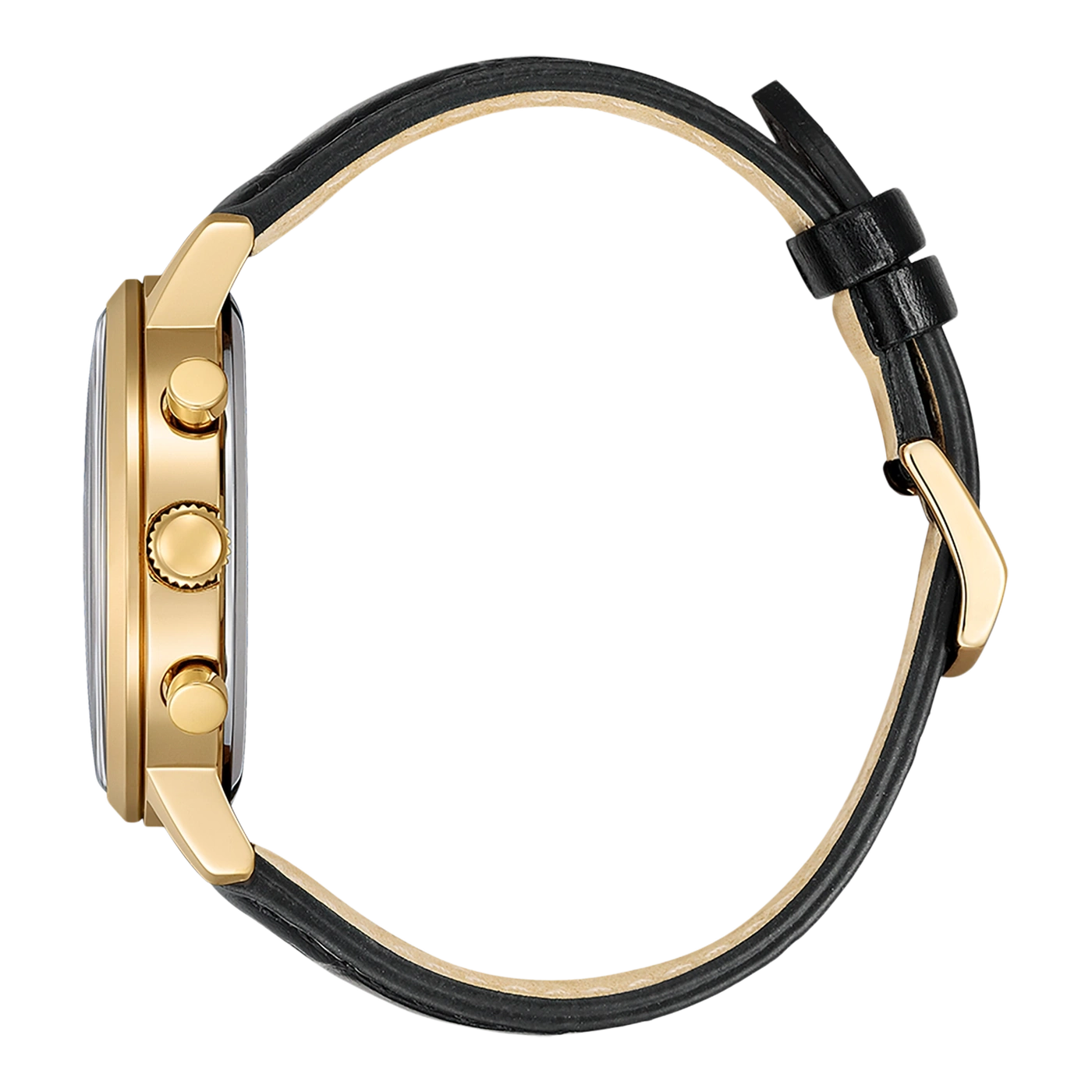 Goldene Uhr mit schwarzem Lederarmband, Seitenansicht, elegantes Design