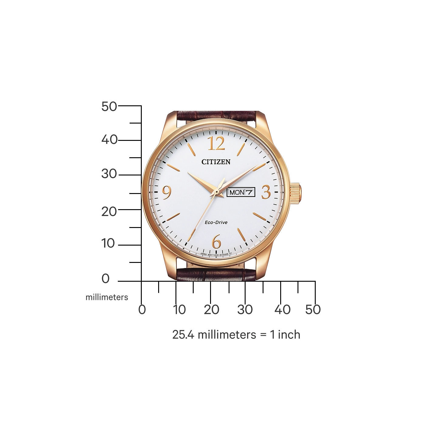 Citizen-Uhr mit goldenem Gehäuse, weißem Zifferblatt und braunem Lederarmband. Eco-Drive.