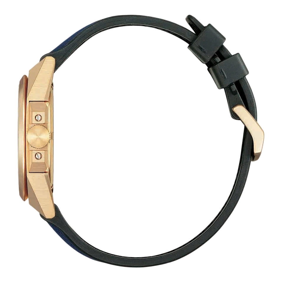 Goldene Uhr mit schwarzem Armband, Seitenansicht, elegantes Design, luxuriöses Accessoire