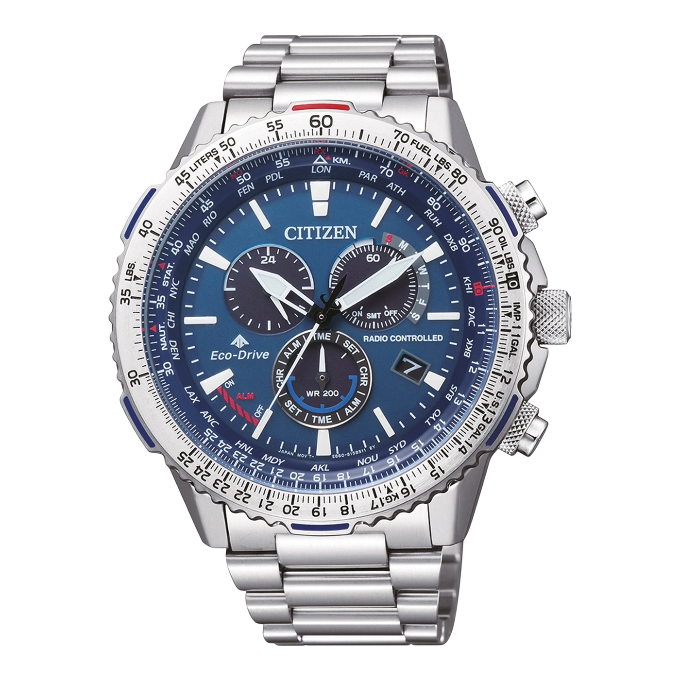 Citizen-Uhr mit blauem Zifferblatt, Chronograph und Edelstahlband, Eco-Drive, funkgesteuert.