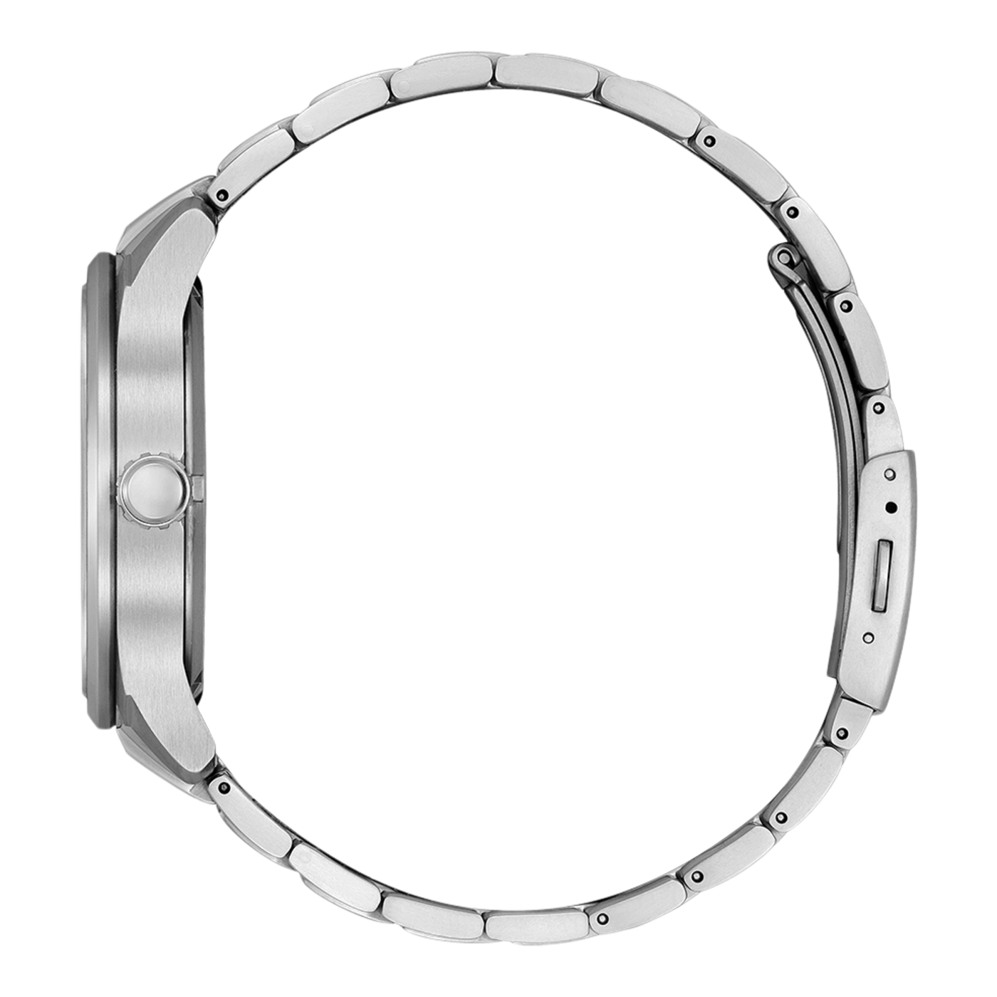 Silberne Uhr mit Metallarmband, Seitenansicht, isoliert auf weißem Hintergrund.