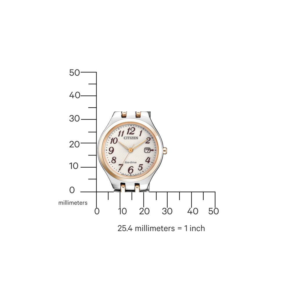 Citizen-Uhr mit weißem Zifferblatt, goldenen Akzenten und silbernem Armband, mit Millimeterskala.