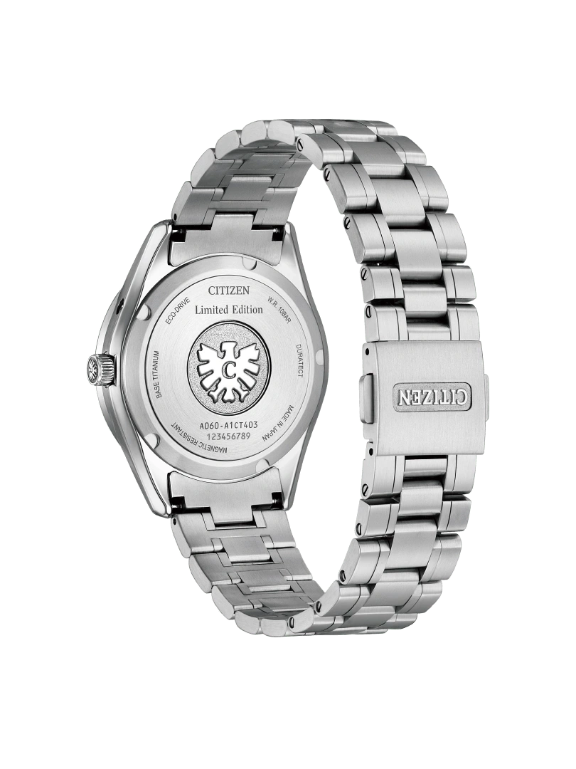 Citizen-Uhrrückseite, Limited Edition, Eco-Drive, Titan, wasserdicht, hergestellt in Japan.