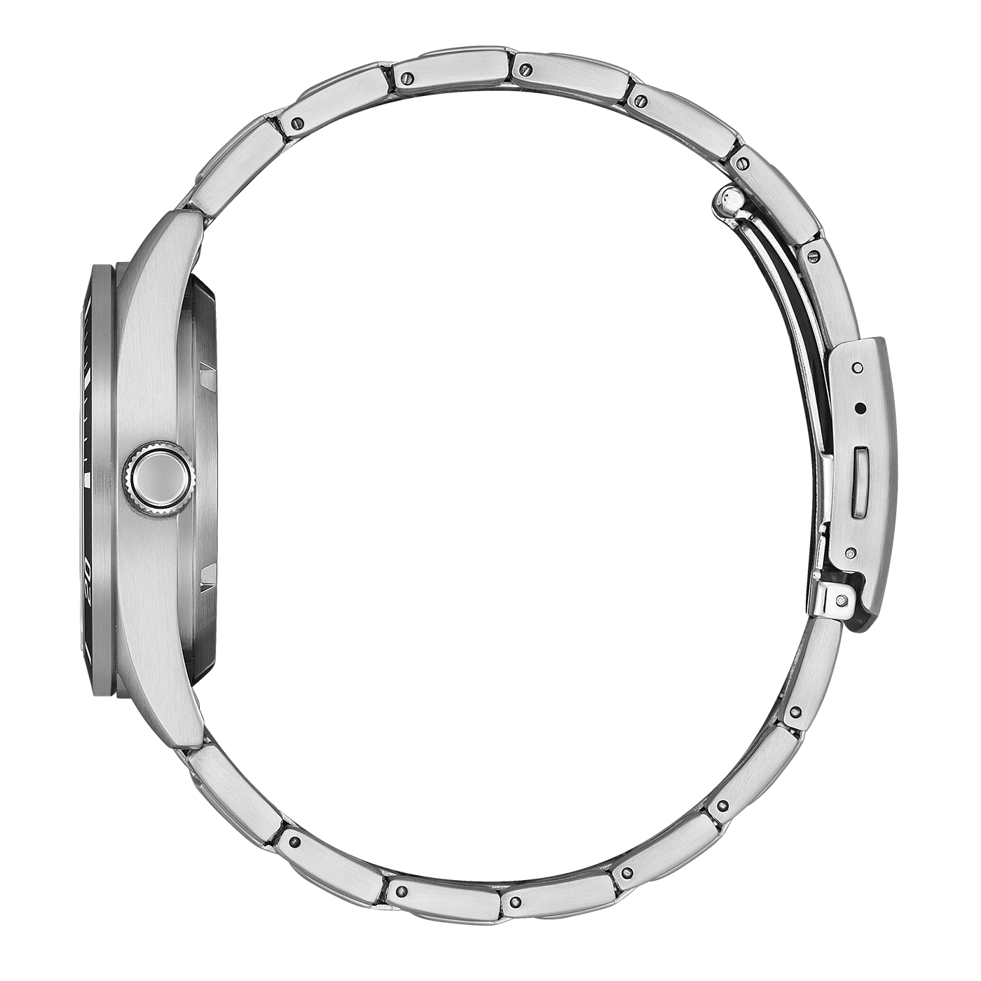 Seitenansicht einer silbernen Uhr mit Metallarmband.