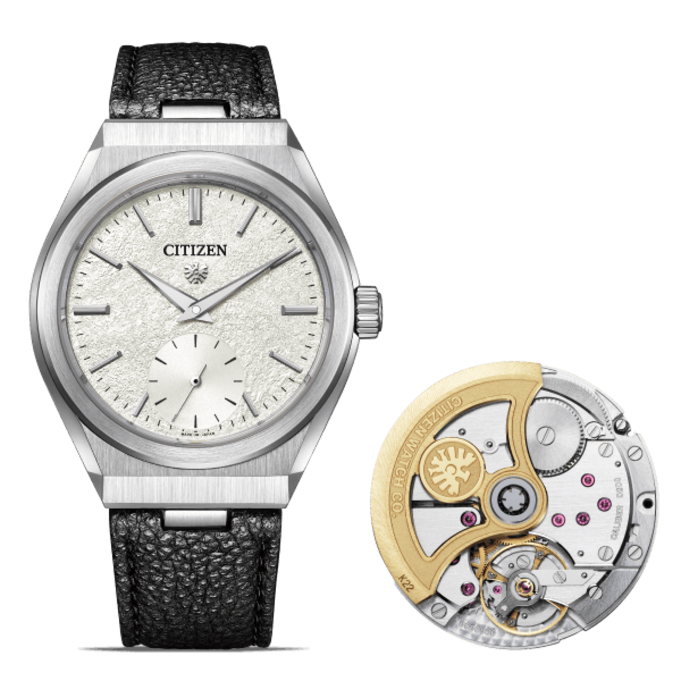 This image displays a Citizen watch with a silver-toned case, textured white dial, and black textured strap. Alongside it, the watch's intricate mechanical movement is shown, revealing polished gears and ruby jewels, emphasizing both elegant design.