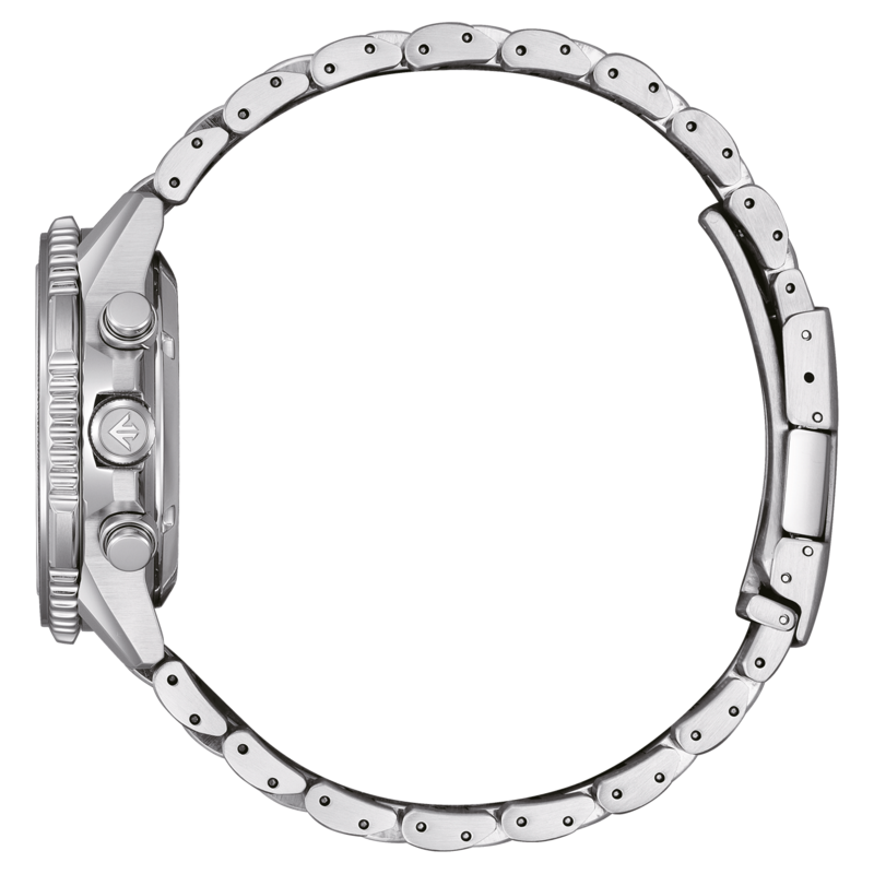 Seitenansicht einer silbernen Armbanduhr mit Metallband, Nahaufnahme.