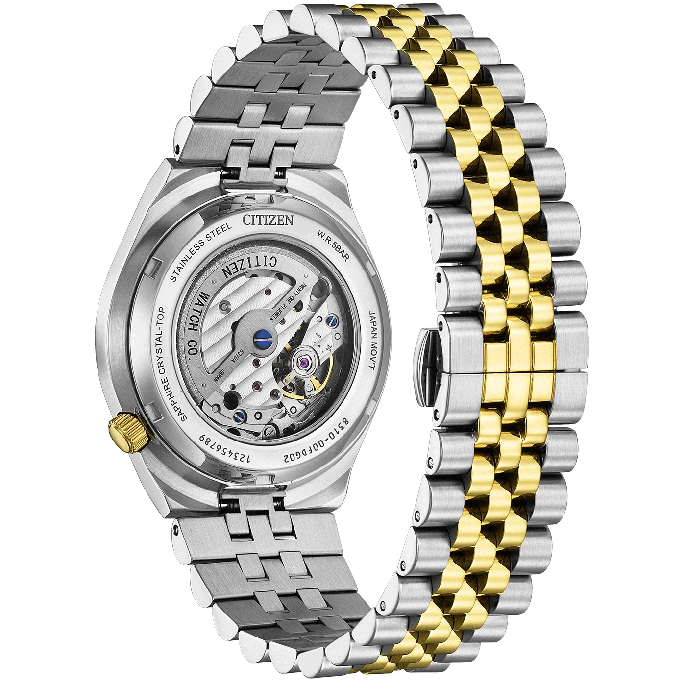 Citizen-Uhr mit silbernem und goldenem Band, das den Mechanismus der Uhr zeigt.
