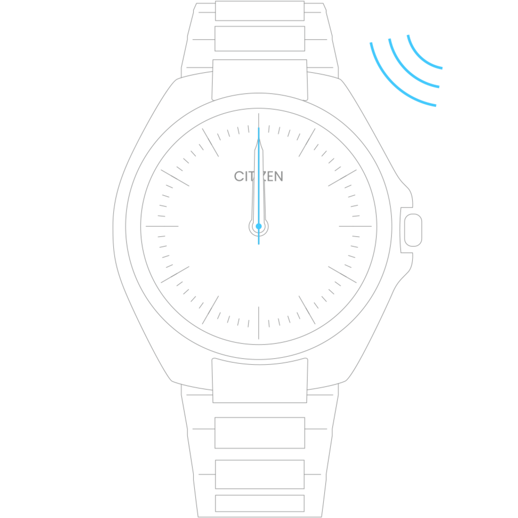 Citizen-Uhr mit schwarzem Zifferblatt und blauen Zeigern, die die Zeit anzeigen.