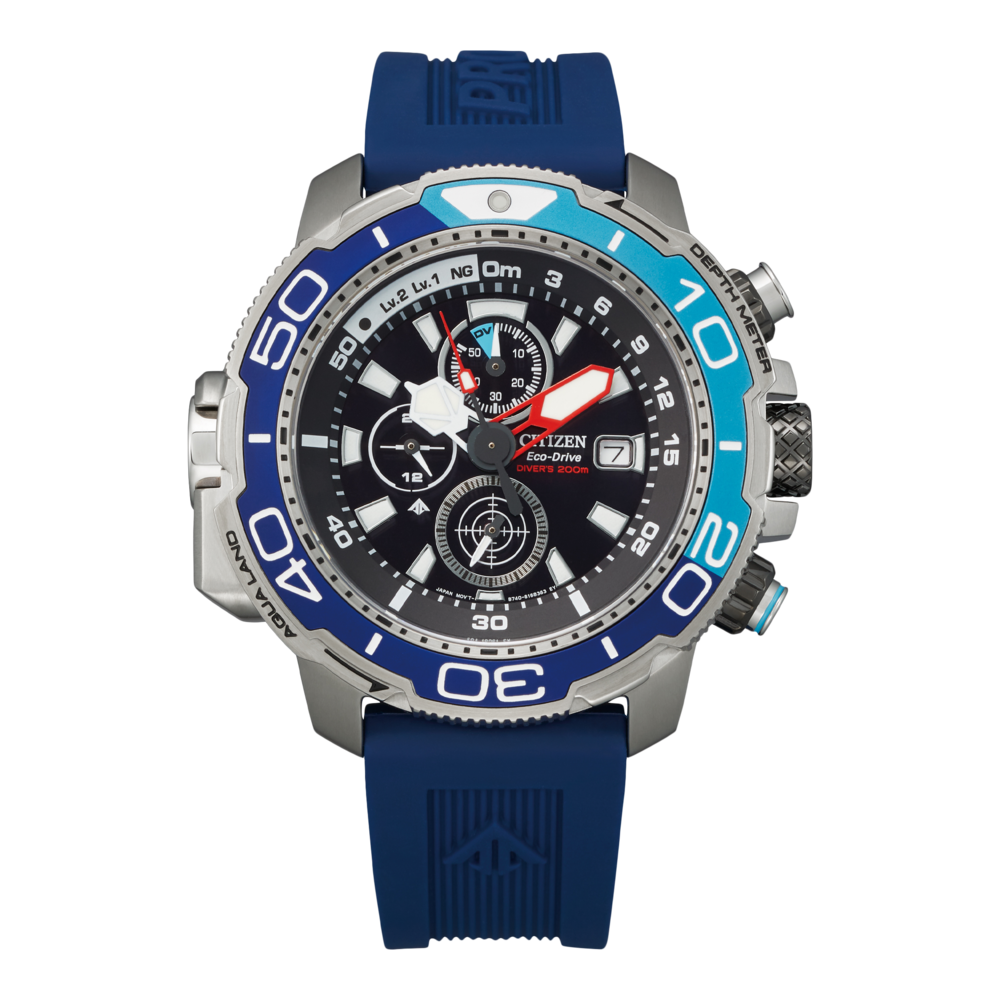 Citizen Aqualand Uhr mit blauen Akzenten und Tiefenmesser, ideal zum Tauchen.