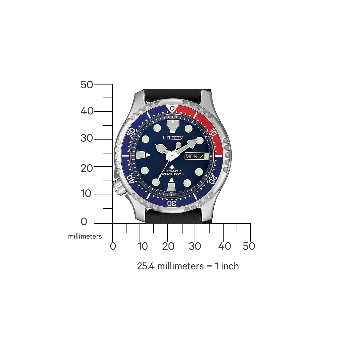 Citizen-Uhr mit blau-roter Lünette, schwarzem Armband und Tagesanzeige.