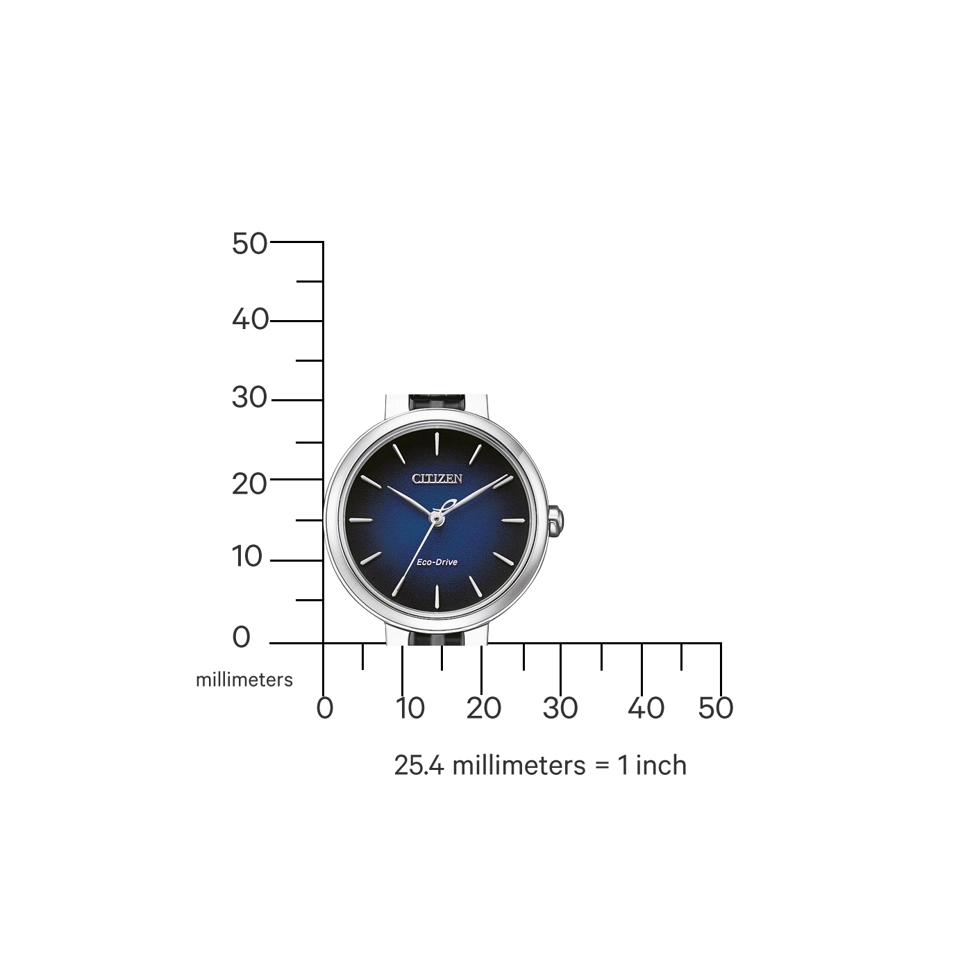 Citizen-Uhr mit blauem Zifferblatt, Millimeterskala und Eco-Drive-Technologie.