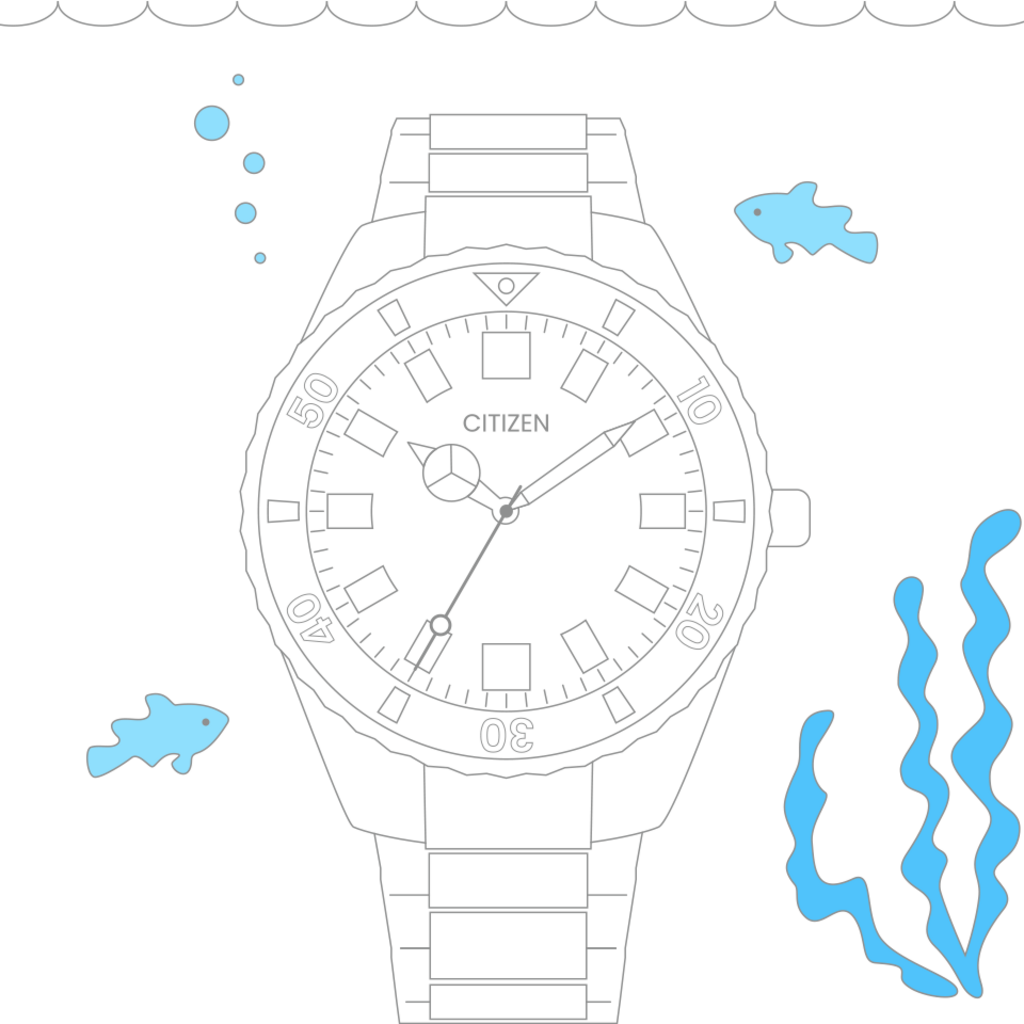 Citizen-Uhr unter Wasser mit Fischen und Seetang, schwarzer Hintergrund