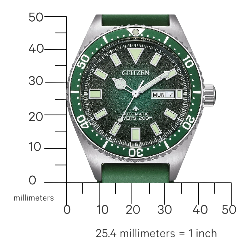 Citizen-Uhr mit grünem Zifferblatt und Armband, Edelstahlgehäuse, Automatikwerk.