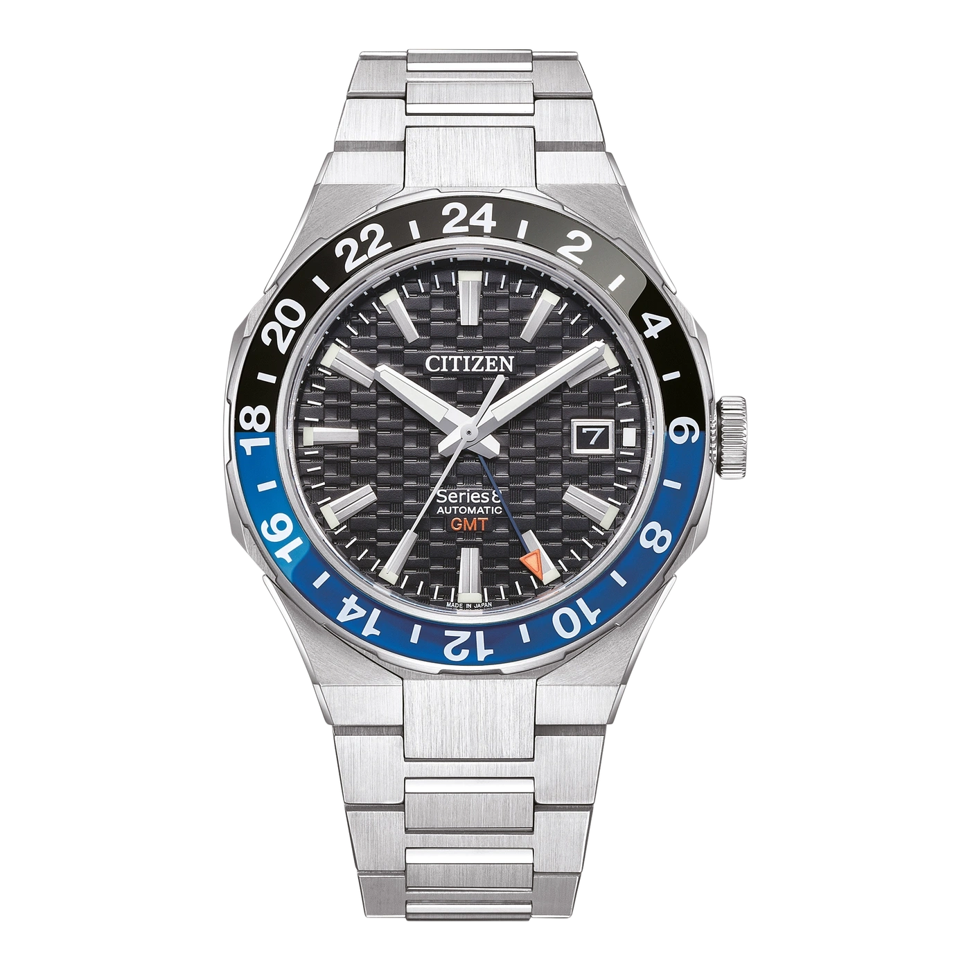 Citizen-Uhr mit schwarzer und blauer Lünette, Edelstahlarmband und GMT-Funktion.