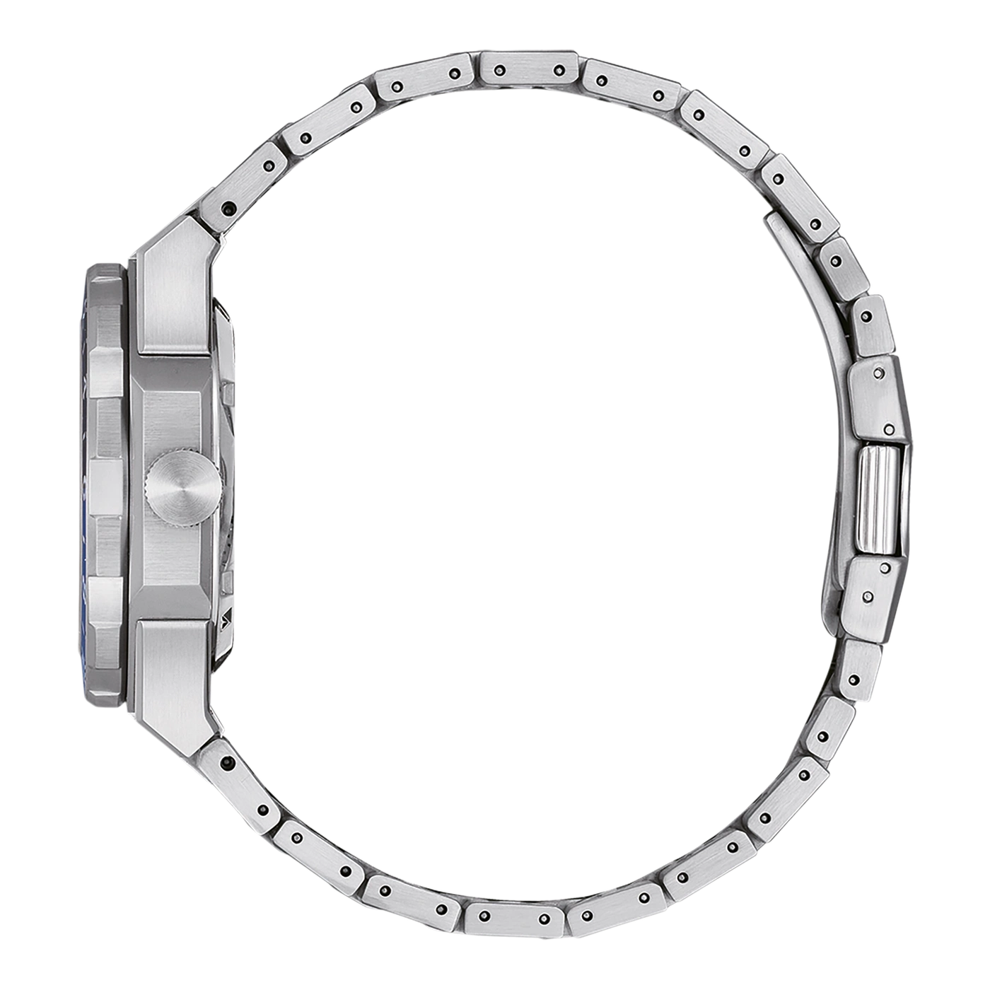 Seitenansicht einer silbernen Armbanduhr mit Metallband und rundem Zifferblatt.