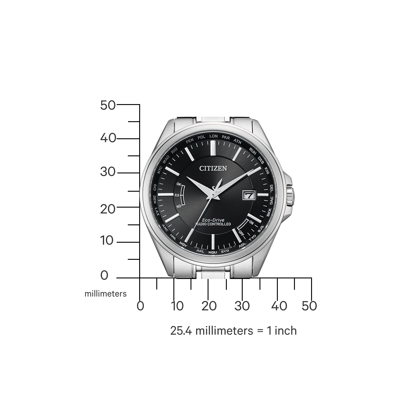 Citizen-Uhr mit schwarzem Zifferblatt, Zeitzonen und Eco-Drive-Technologie.