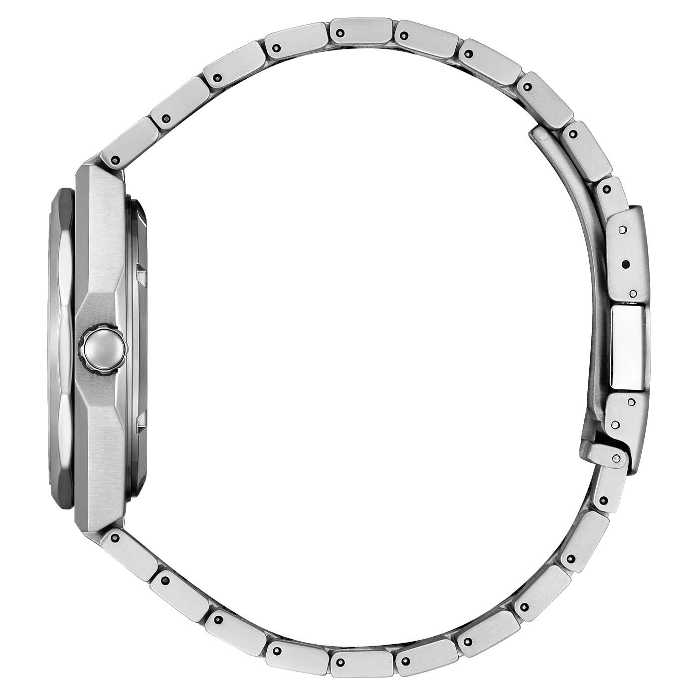 Seitenansicht einer silbernen Armbanduhr mit Metallband, elegantes Design
