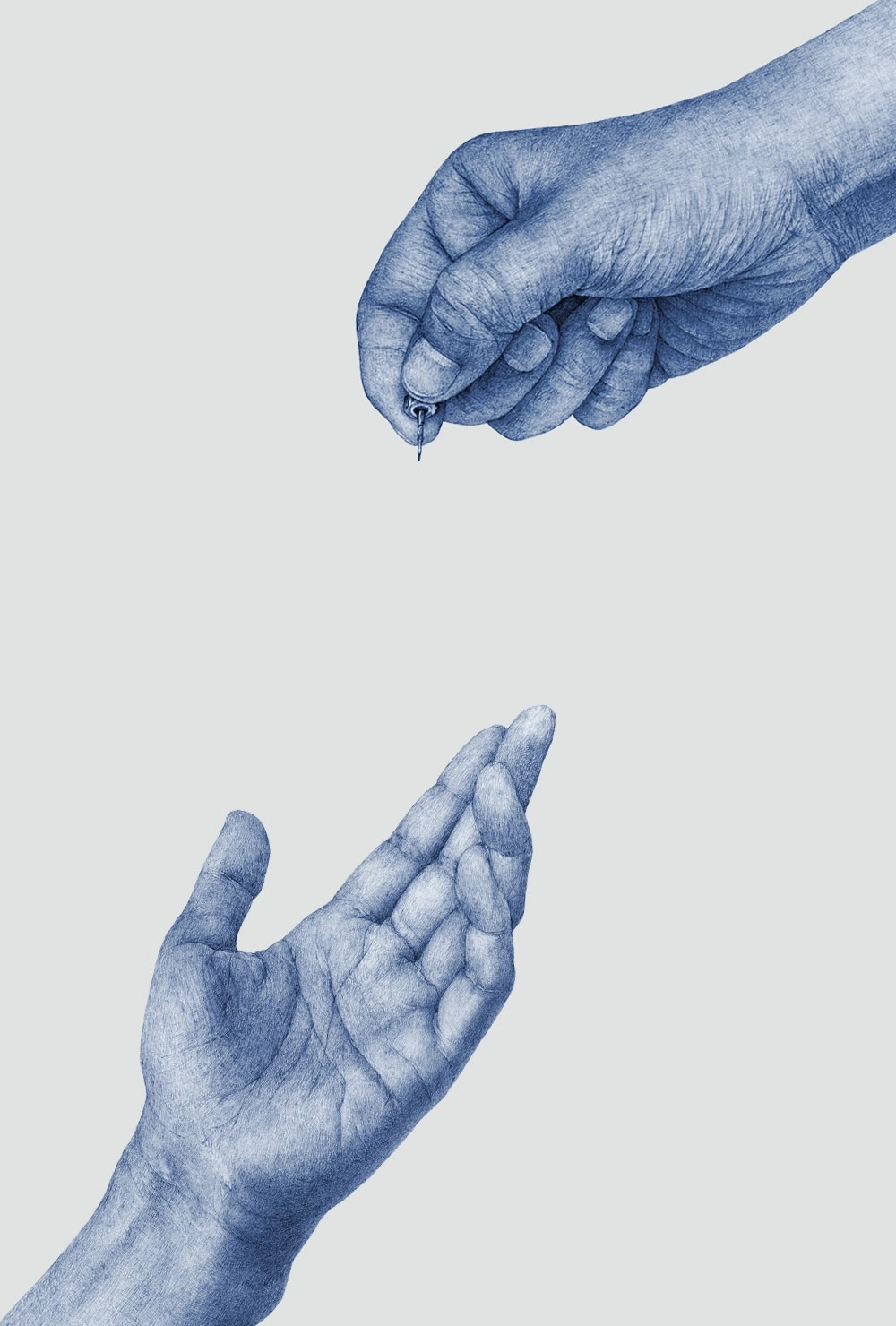Hände, die einen Schlüssel weitergeben, ein Symbol für Vertrauen und Austausch, blaue Zeichnung