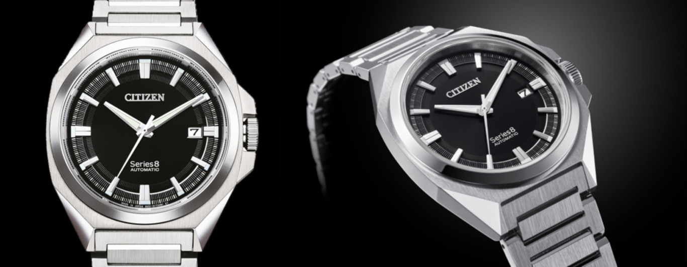 Citizen Series 8 Automatikuhr mit schwarzem Zifferblatt und silbernem Armband
