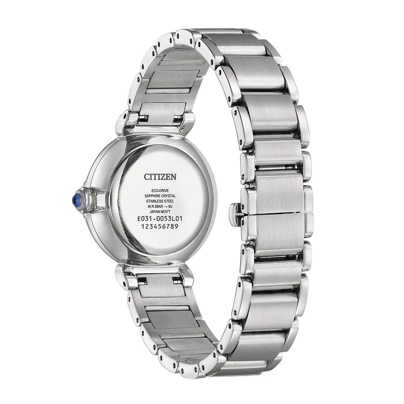 Rückseite einer silbernen Citizen Eco-Drive-Uhr mit einem blauen Stein an der Seite.