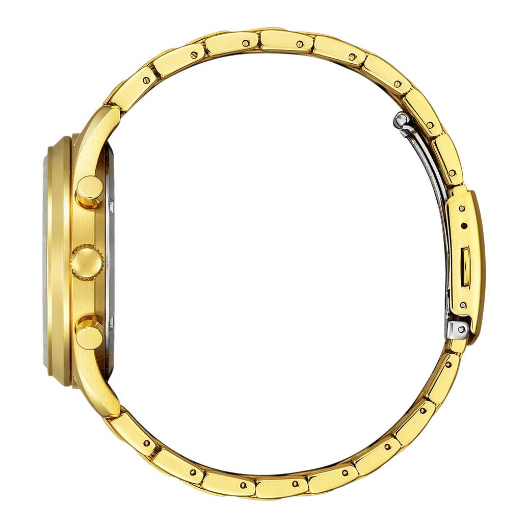 Goldene Uhr Seitenansicht, zeigt das Zifferblatt und die Banddetails.