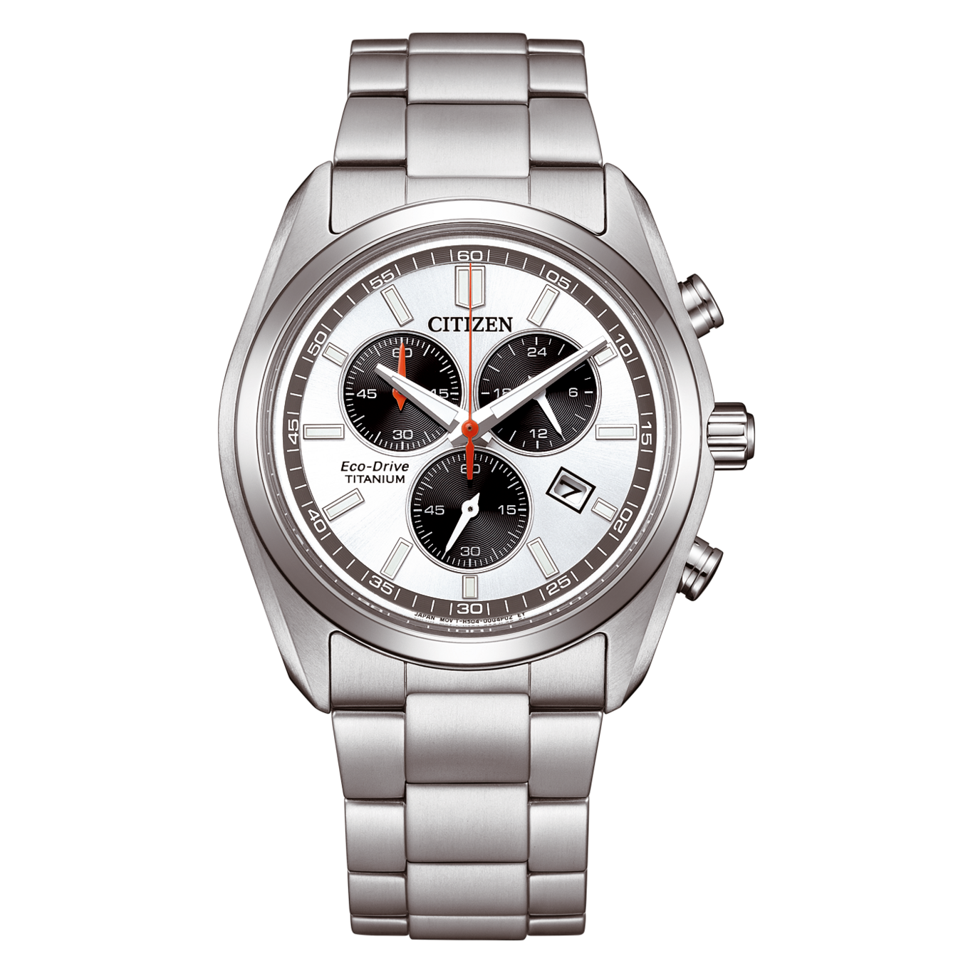 Eine silberne Citizen Eco-Drive Titanium Chronographenuhr auf weißem Hintergrund.