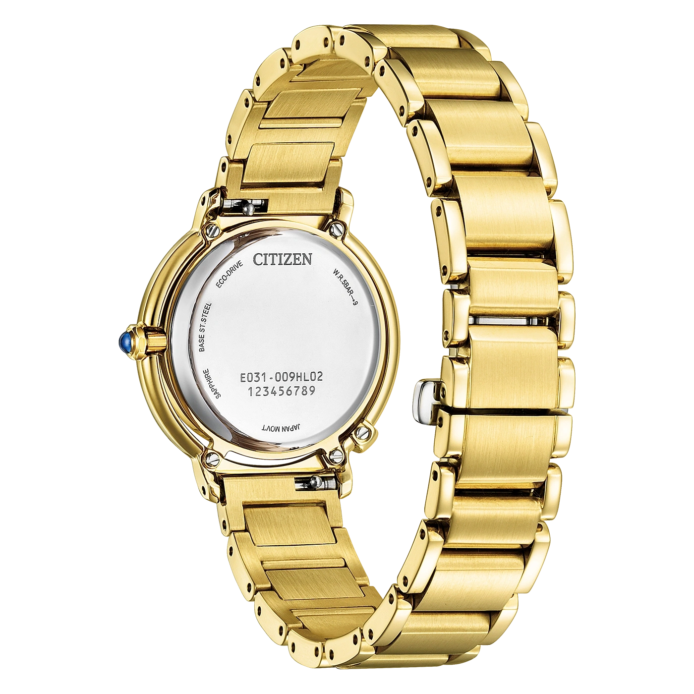 Goldene Citizen-Uhr mit weißem Zifferblatt und goldenem Armband.
