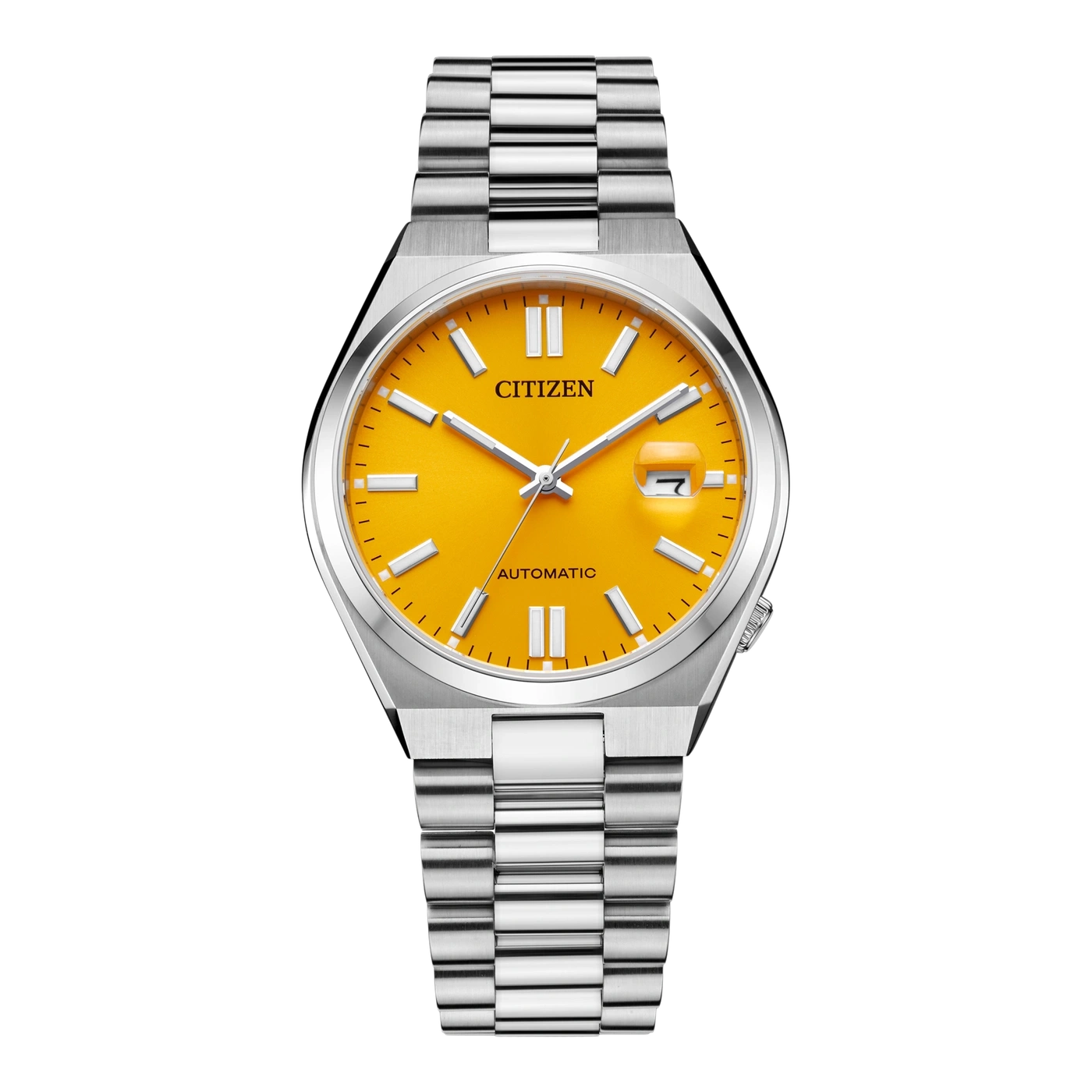 Citizen-Uhr mit gelbem Zifferblatt und silbernem Armband, Automatikwerk.
