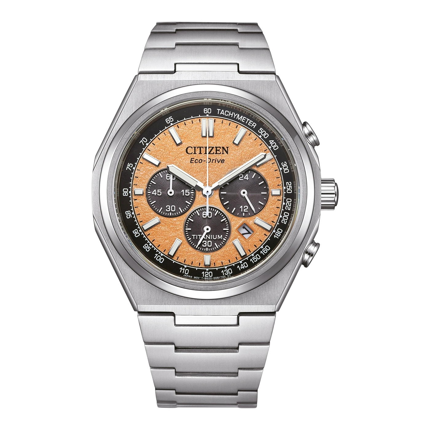 Citizen-Uhr mit orangefarbenem Zifferblatt und Titanband, Eco-Drive-Technologie.